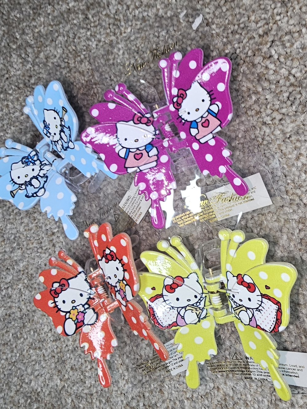 Hello Kitty Polka Dot Butterfly Hair Clips - Blue, Pink, Red, Yellow, Purple